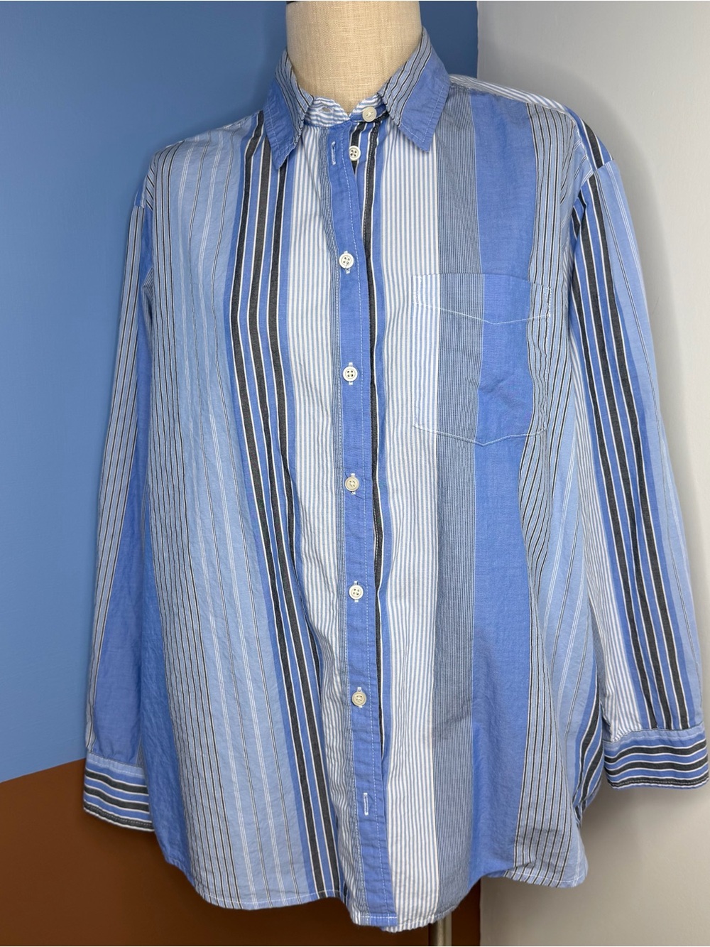Gap The Big Shirt Cotton Long Sleeve Button Down Striped Blue Size Large